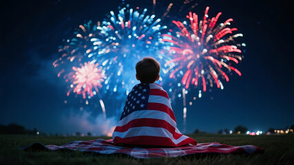 Child wrapped in an American flag watching a colorful fireworks display on the Fourth of July night