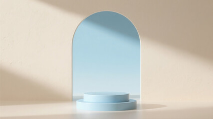 Minimalist 3D podium with an arch on a beige and blue background for product display mockup and presentation