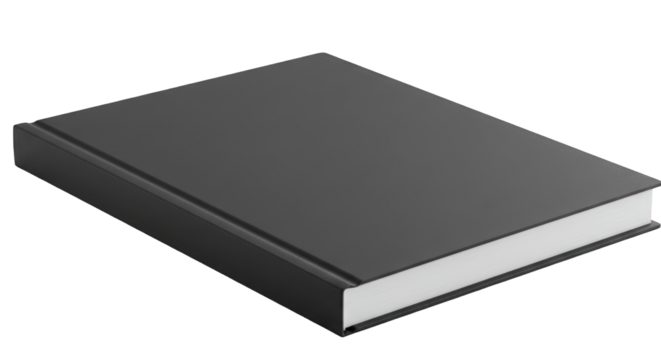 A closed, hardcover book with a plain black cover rests on a white background.