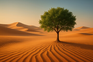Green tree in desert sand dunes under clear sky with warm sunlight