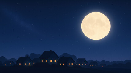 Full moon shining brightly over quiet village houses with warm glowing windows at night