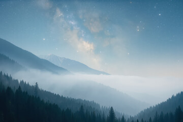 Mountain landscape with misty forest under starry sky creating peaceful and dreamy atmosphere
