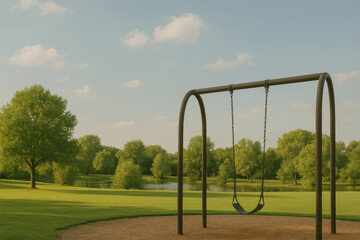Swing set in empty playground with green trees and blue sky on sunny day