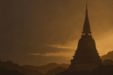 Ancient temple silhouette at sunset with warm golden sky and peaceful atmosphere