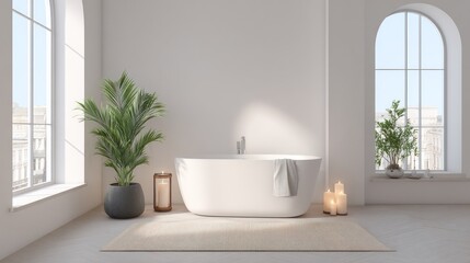 White modern bathroom with a freestanding bathtub and plants.