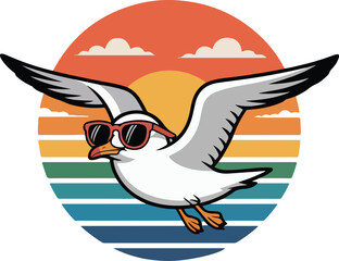 A seagull in sunglasses soars gracefully against a vibrant sunset, Transparent png vector isolated