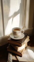 Coffee Cup on Stacked Antique Books by Window with Sheer Curtains and Sunlight