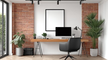 A sleek and organized office workspace with a minimalist desk computer setup and decorative plants against a brick wall backdrop creating a stylish and productive environment