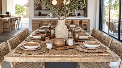 Rustic, open-plan dining area with a large wooden table, featuring woven chairs and textured pottery