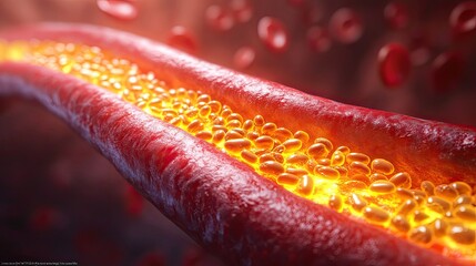 Cholesterol buildup inside human artery shown in 3D medical illustration for heart disease and vascular health content