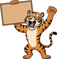 Tiger triumphantly holding a blank sign Transparent png vector isolated