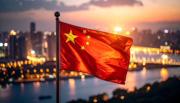 China Flag with City Sunset.