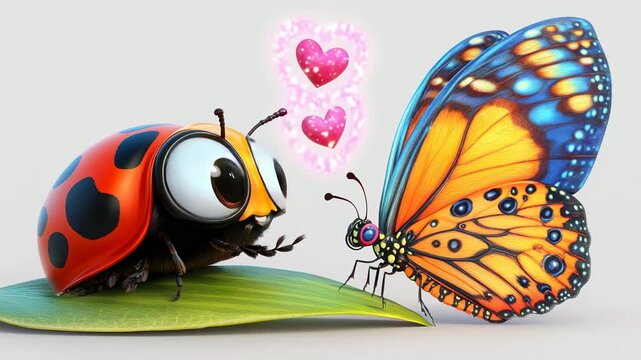 Cute ladybug and butterfly with hearts on green leaf showing love in bright colorful cartoon style