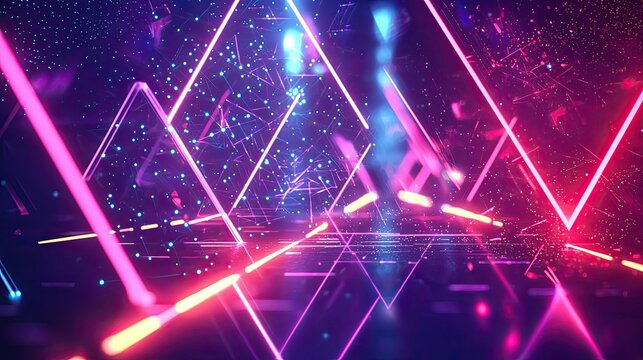 Futuristic retro background of the 80`s retro style. Digital or Cyber Surface. neon lights and geometric pattern