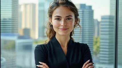 Portrait of a young confident woman in an office setting with city views. - Powered by Adobe