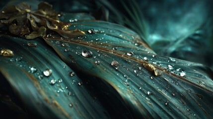 Closeup of Dew Drops on Teal Leaf with Golden Accents