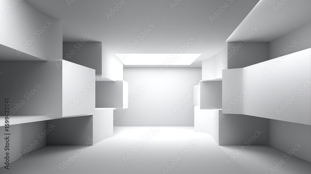 Poster an abstract, minimalist white room features recessed cubic shelving units on all walls, creating a s