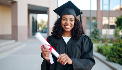 Happy graduate with diploma, and campus.