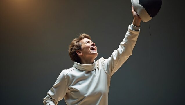 A female fencer raising helmet, dramatic pose in spotlight after a tough match