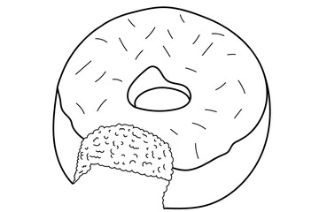 American style bitten glazed donut, illustration of sweet pastry popular in cafes. Line art illustration