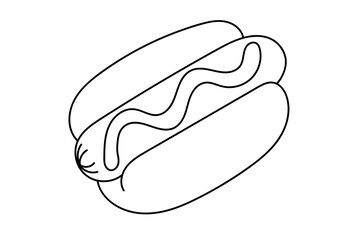 Classic American style hot dog, drawing of a fast food with sausage and a line of mustard on elongated bun. Black and white food drawing