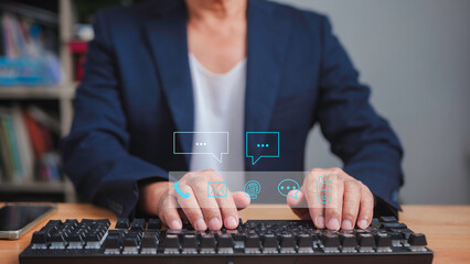  Businessman using  Desktop computer to send the email and message  phone call  address Chat...