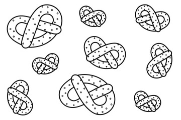 Seamless pattern background of mini pretzels drawn doodle style, illustration of typical German savory snacks