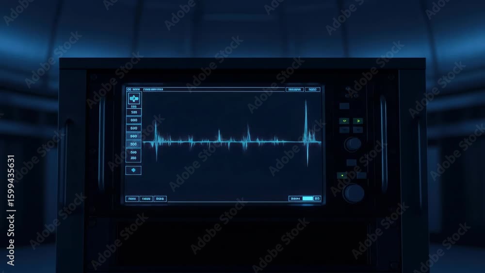 Poster futuristic monitor displaying audio wave in blue, technology and science concept.