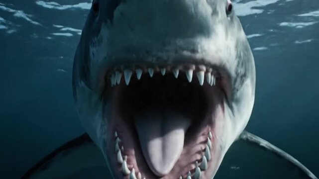 A great white shark underwater its mouth wide open exposing rows of sharp teeth