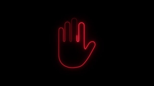 Neon Stop hand icon motion graphics. Animated Danger warning with hand prohibited icon. glowing Hand Up Volunteer.