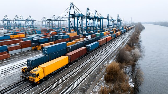 Train carrying containers in a port with cranes and water on a cloudy day.