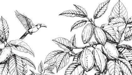 Rainforest Harmony: Engraved Hornbill with Ripening Cacao Fruit