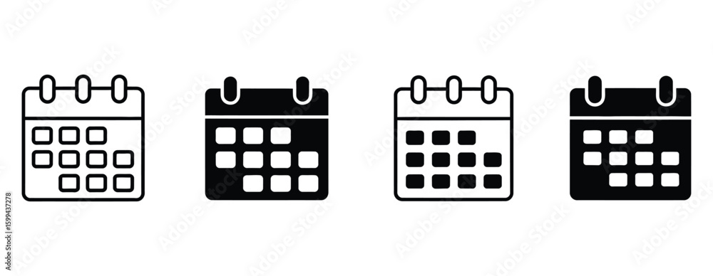 Poster vector art of four calendar icons are displayed in a row two in black and two in white