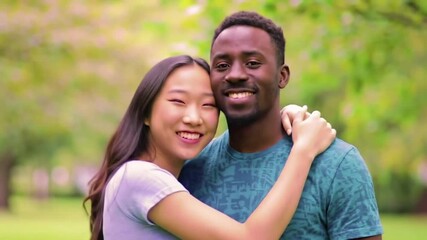 Portrait of a happy young multicultural couple, an Asian woman and Black man, embracing and smiling together in a beautiful park, celebrating their love and unity. - Powered by Adobe