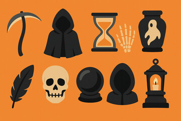 Set of grim reaper flat Halloween vector icons