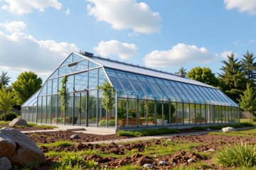Modern greenhouse with glass panels and solar panels, surrounded by greenery under a bright blue sky with fluffy clouds