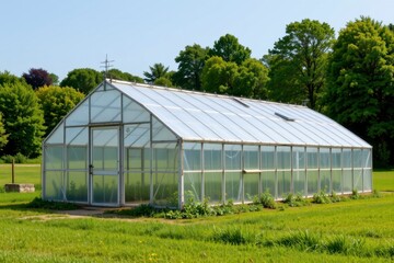 Bright and Spacious Greenhouse Surrounded by Lush Greenery with Clear Sky and Vibrant Trees