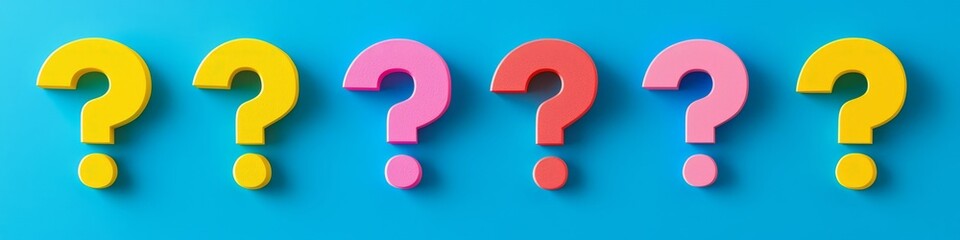 A vibrant display of colorful questions on a blue backdrop.