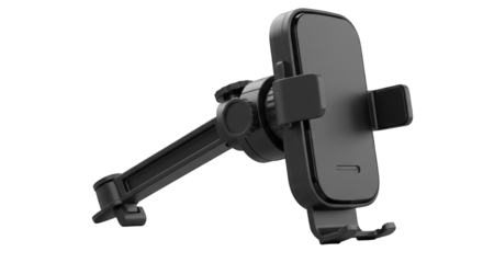 Black car phone holder with adjustable arm and cradle, isolated against a white background, ready for mounting a smartphone.