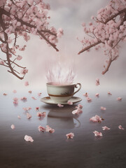 A tea cup floats above a serene cherry blossom lake, blending magic, nature, and soft pastel calm.