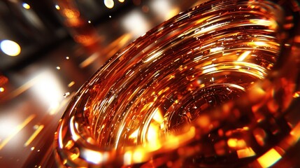 Abstract swirling amber liquid, dynamic golden hues, mesmerizing vortex of viscous fluid, vibrant texture, luxury feel, glistening droplets, intense color, close-up view