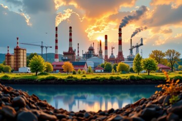 Naklejka premium Industrial Landscape at Sunset with Smokestacks, Water Reflection, and Lush Trees in Foreground