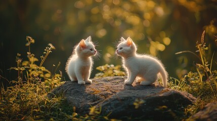 Obraz premium Cute white kitten in Park in nature stands on stone in outdoor. Two Fluffy kittens play in grass in sunlight at sunset.