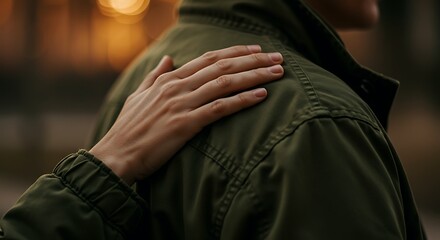 Gentle Hand on Shoulder in Olive Green Jacket Outdoor Blurred Background