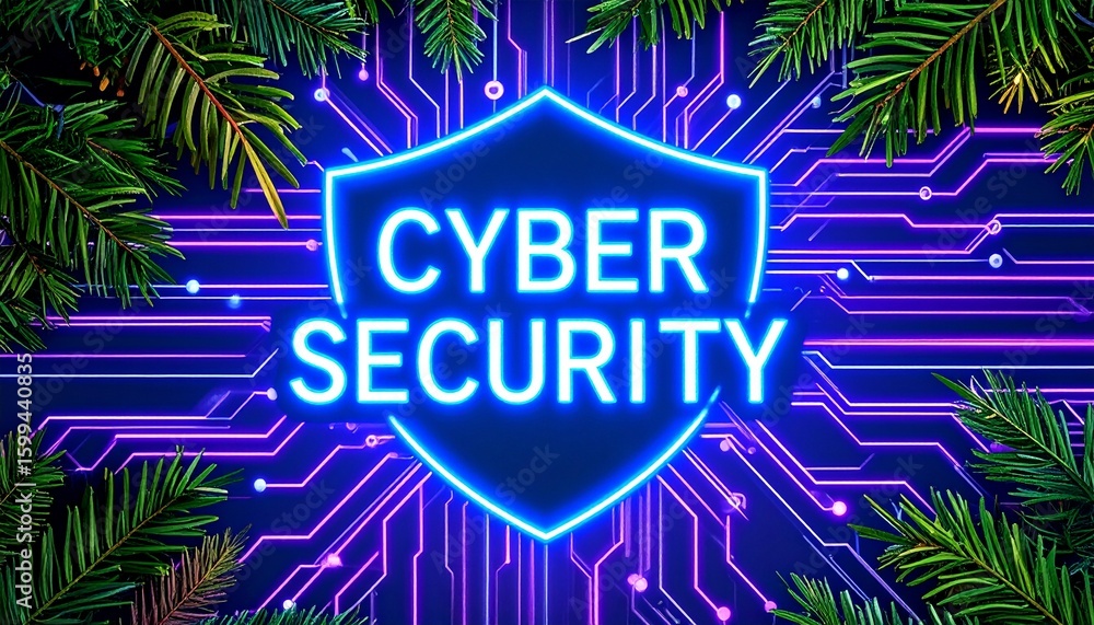 Poster cyber security shield with glowing neon and evergreen branches background design