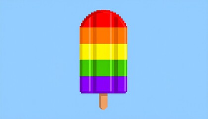 Fototapeta premium Pixel art rainbow popsicle with vibrant colors on a light blue background