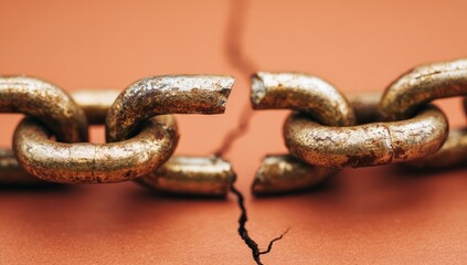 Obraz premium Rusty chain link broken on orange surface.