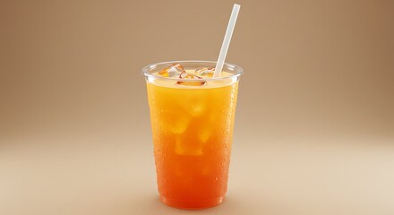 Refreshing Orange Drink with Ice in Clear Plastic Cup on Neutral Background
