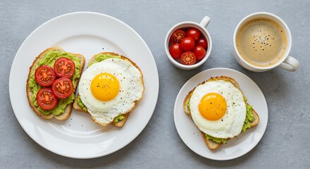 Breakfast Toast with Avocado and Fried Egg on Gray Background Overhead