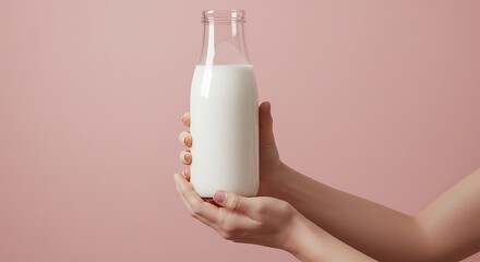 Glass Bottle of White Milk Being Held on Pink Background